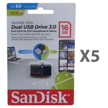 SDDD2-016G-G46 - SanDisk - 16GB Ultra Dual Flash USB 3.0 OTG Flash Drive 5pc Kit