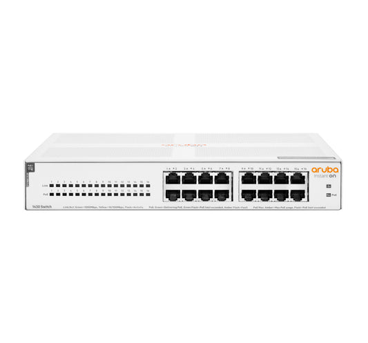 R8R48A - Hewlett Packard Enterprise - Aruba Instant On 1430 16G Class4 PoE 124W Unmanaged L2 Gigabit Ethernet (10/100/1000) Power over Ethernet (PoE) 1U White